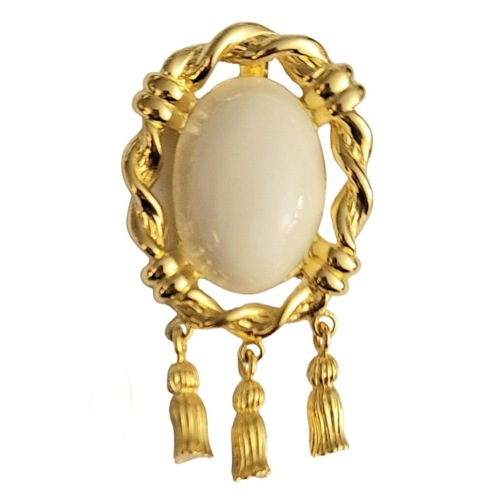 Ivana Gold Tone White Enamel Cameo Style Tassel Dangle Brooch, Signed